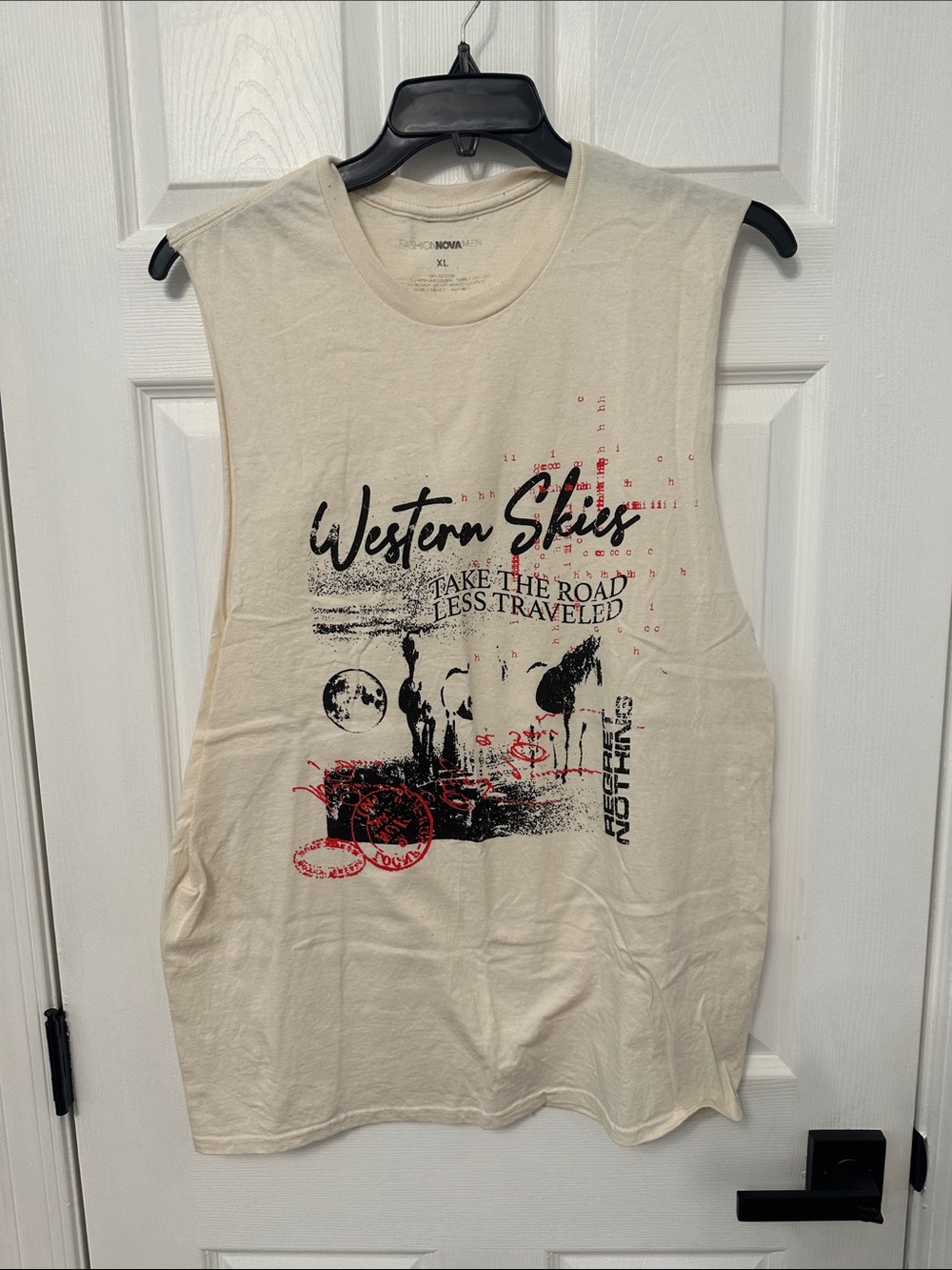 Fashion Nova Men's Cream Graphic Tank Top with Black & Red Print